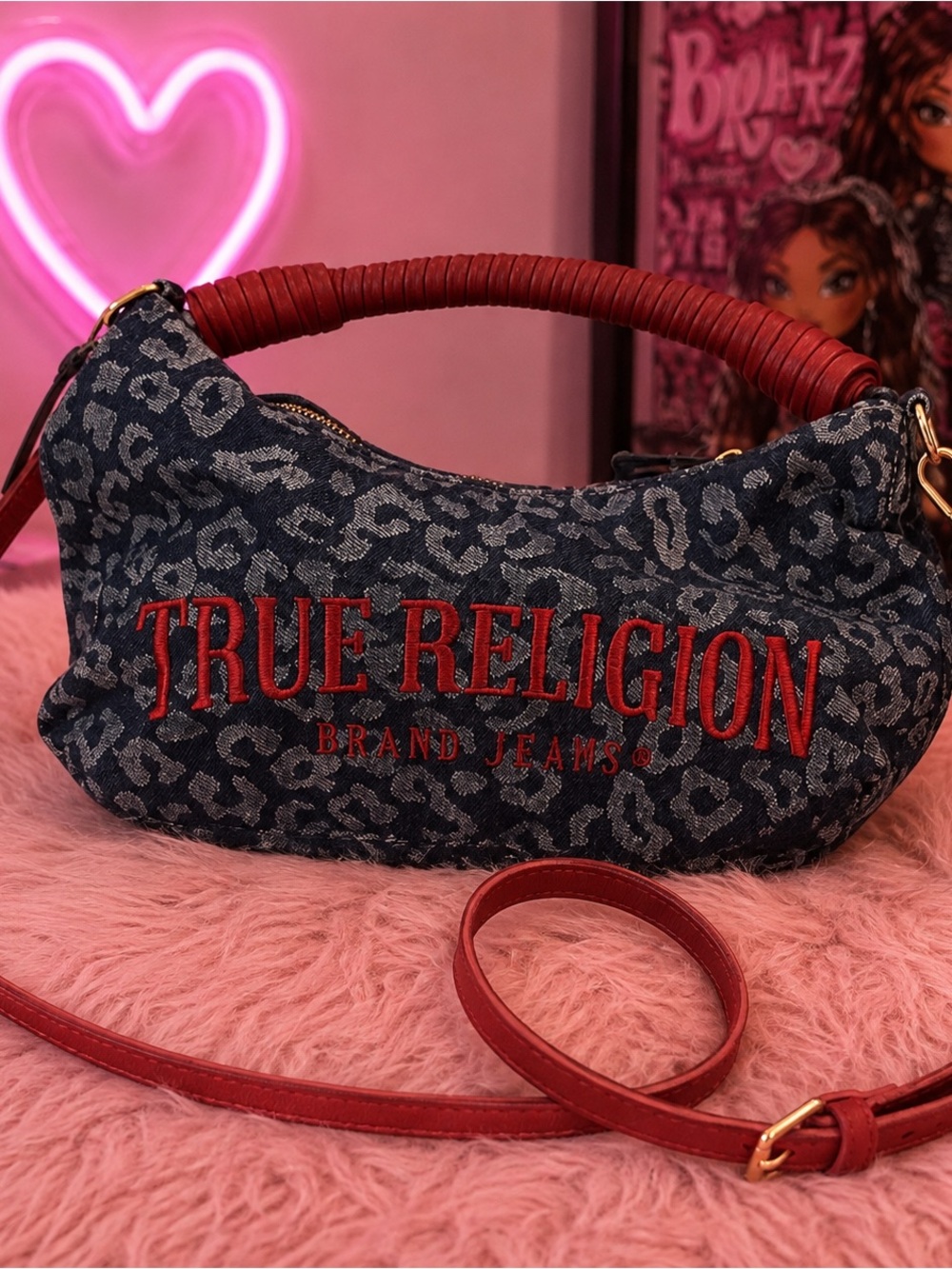 True Religion Leopard Print Shoulder Crossbody Bag Red Logo Strap NWT